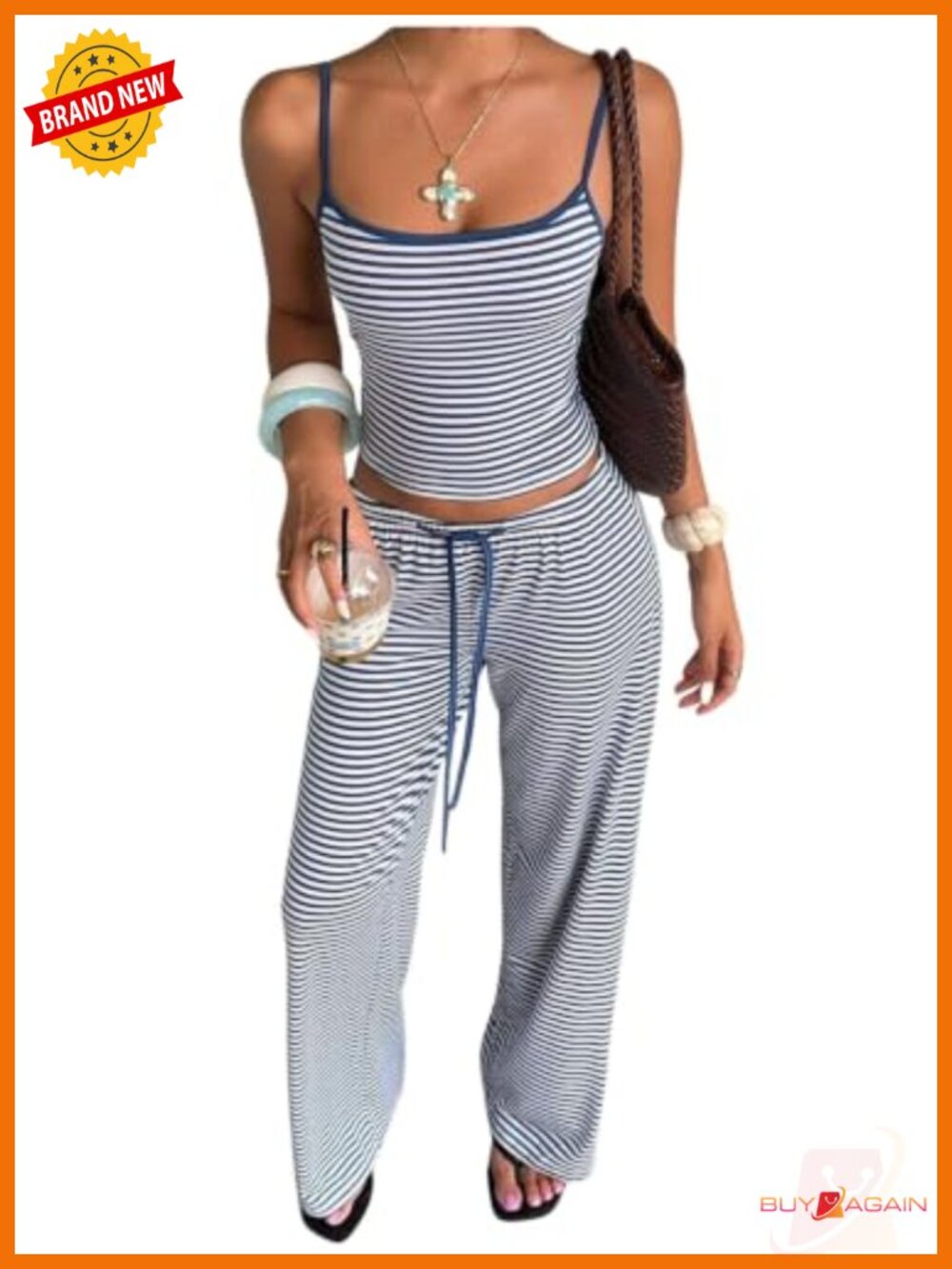 Women's Striped Lounge Set 2 Piece Wide Leg Pants Outfit